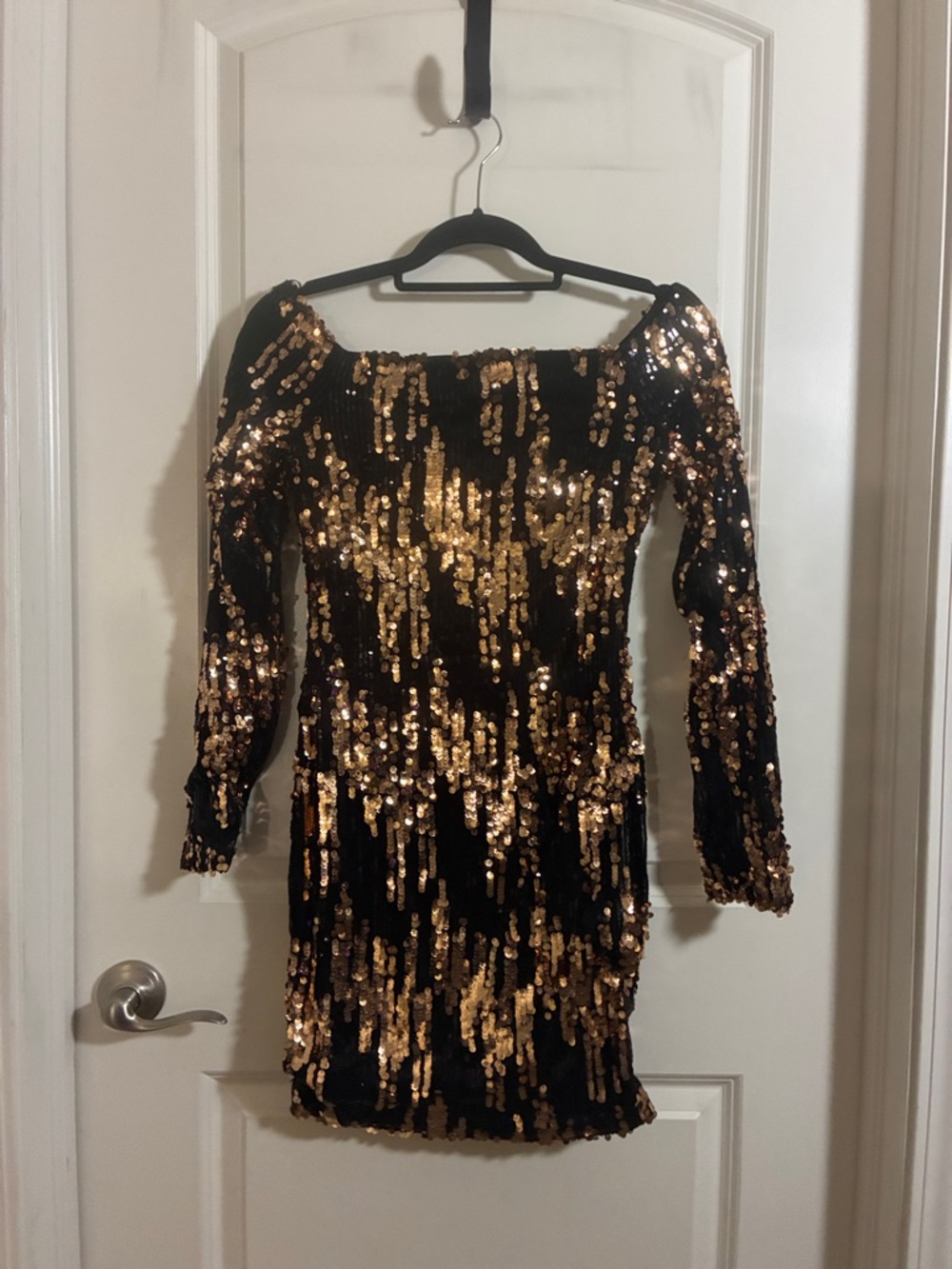 AKIRA Black & Gold Sequin Off-Shoulder Long Sleeve Mini Dress